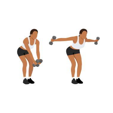 Dumbbell taklidi yapan kadın ters uçuşta eğildi. Düz vektör çizimi beyaz arkaplanda izole edildi