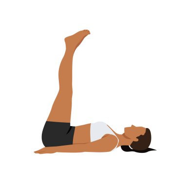 Yoga yapan kadın yarım yamalak poz veriyor. Kız yerde yatıyor ve iki bacağını havaya kaldırıyor. Düz vektör çizimi beyaz arkaplanda izole edildi