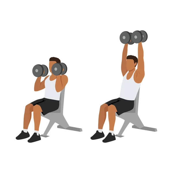 Man Doing Seated Shoulder Hammer Overhead Presses Exercise Flat Vector — Stock Vector