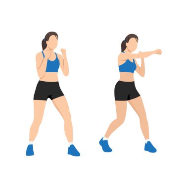 Yumruk egzersizi yapan genç bir kadın. Spor salonunda sporcu kadın dövüş sanatları yumrukları üzerinde çalışıyor. Düz vektör çizimi beyaz arkaplanda izole edildi
