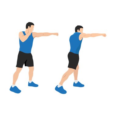 Sportif adam boks antrenmanında direkt vuruş yapıyor. Boks egzersizinin yumruklama şekli. Düz vektör çizimi beyaz arkaplanda izole edildi