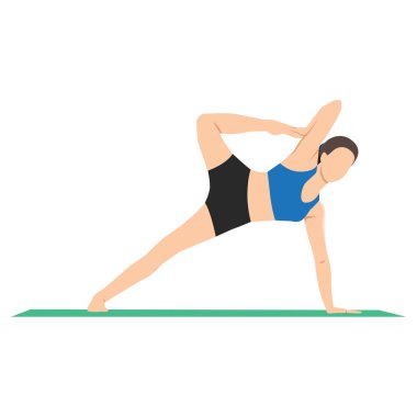 Partridge Poz, Yan Plank Varyasyon Elden Dize Eğik. Güzel kız Kapinjalasana, Vasisthasana Varyasyon El Parmağa Diz Bent antrenmanı yapıyor. Düz vektör çizimi beyaz arkaplanda izole edildi