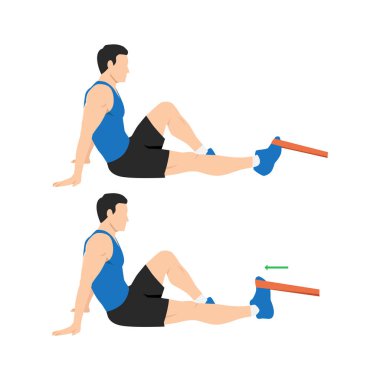 Adam direnç bandı dorsiflexion egzersizi yapıyor. Ayak bileği egzersizi. Düz vektör çizimi beyaz arkaplanda izole edildi