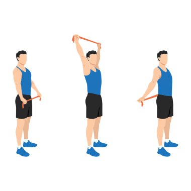 Kadın direnç bandı göğüs açıcı egzersizi yapıyor. Düz vektör çizimi beyaz arkaplanda izole edildi