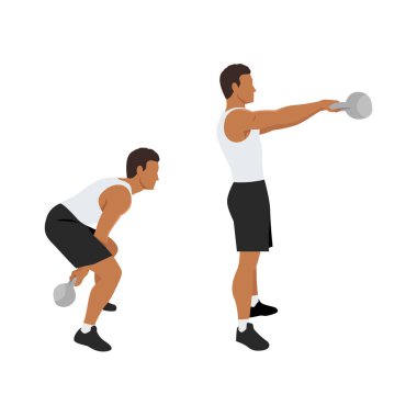 İki kollu Kettlebell salıncak egzersizi yapan adam. Düz vektör çizimi beyaz arkaplanda izole edildi