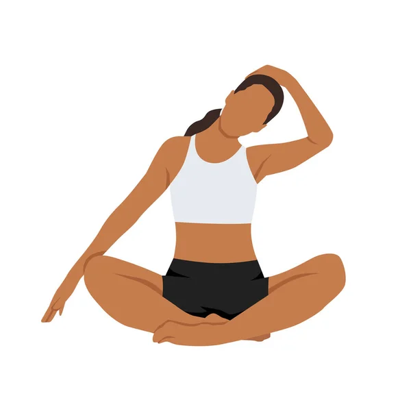 女は瞑想をして横に首を伸ばして座っていた 首と肩の緊張を解放します 白い背景に隔離されたフラットベクトルイラスト — ストックベクタ