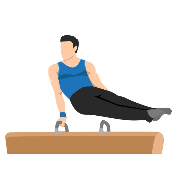 Young Man Gymnast Pommel Horse Exercise Gymnastic Competition Flat Vector — Stock Vector