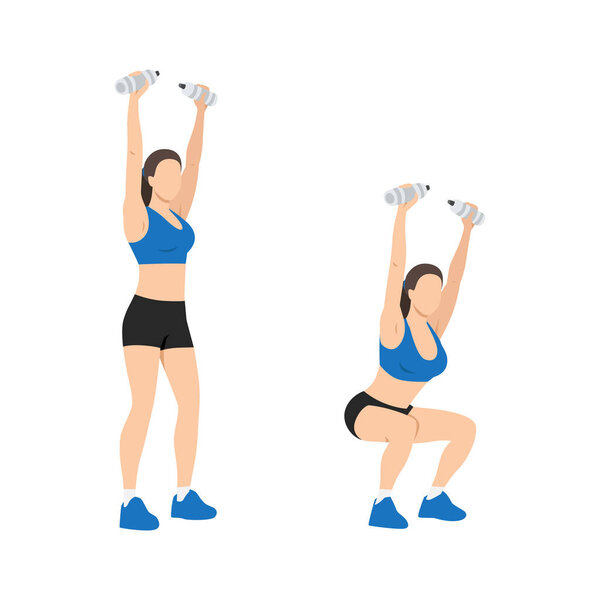 Woman doing Overhead water bottle squats exercise. Flat vector illustration isolated on white background