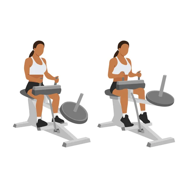 女人用体育器材做运动 座位小牛犊机上升 白色背景上孤立的平面矢量图解 — 图库矢量图片
