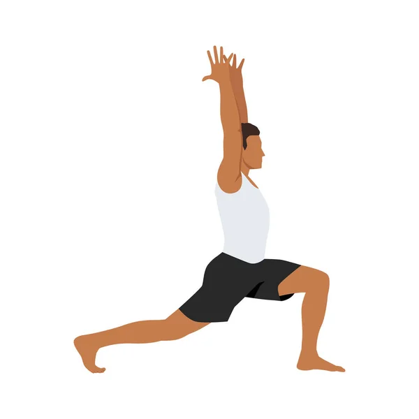 Homme Faisant Guerrier Pose Exercice Virabhadrasana Illustration Vectorielle Plate Isolée — Image vectorielle
