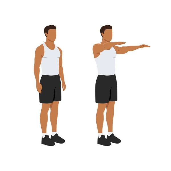 両腕を前にする男は運動を上げる 白い背景に隔離されたフラットベクトルイラスト — ストックベクタ