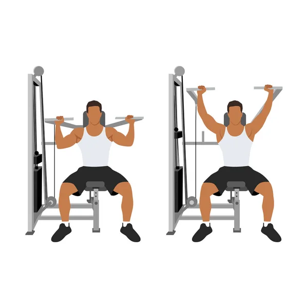 男人在举重机的运动上做肩压运动 白色背景上孤立的平面矢量图解 — 图库矢量图片