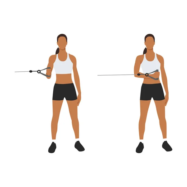 stock vector Woman doing External Cable Shoulder Rotation posture for exercise in 2 step. Illustration about workout with gym equipment to maintain a strong and stable shoulder joint. Flat vector illustration