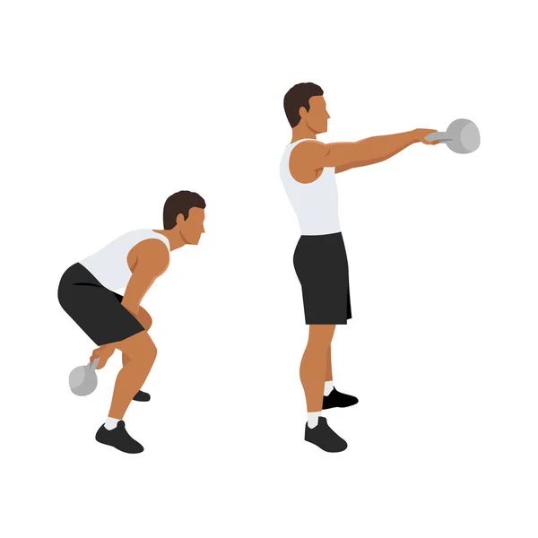Man Doing Two Arm Kettlebell Swing Exercise Flat Vector Illustration — Stock Vector