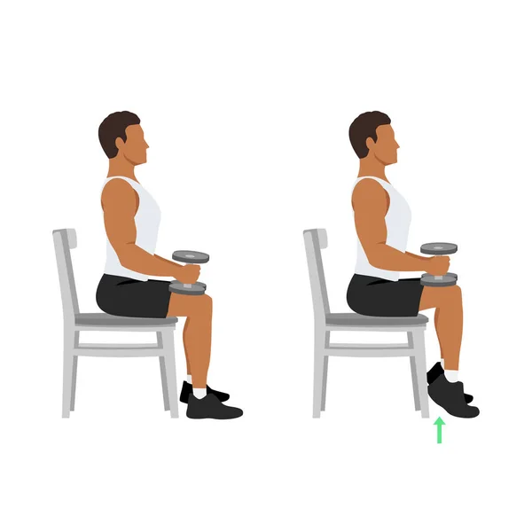 男人坐着做哑铃或小腿椅子升起 双腿保持在90度的角度 把脚后跟伸到地面上 抬起脚后跟 平面矢量图解 — 图库矢量图片