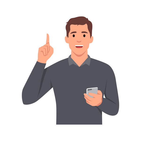 Happy young business man pointing up. He is representing idea, solution. Trendy person thinking while holding smart phone. Flat vector illustration isolated on white background