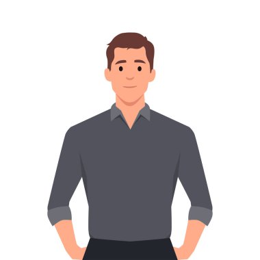 İş kıyafetleri içinde samimi bir gencin resmi. Elleri cebinde duran havalı bir delikanlı. Düz vektör çizimi beyaz arkaplanda izole edildi