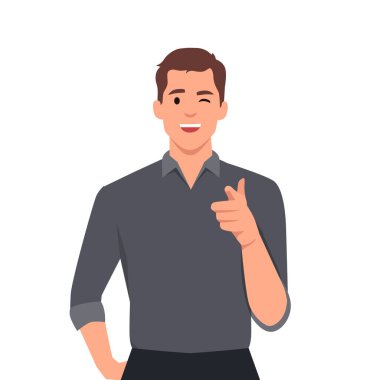 Görünmez ekrandaki düğmeye basmak için kendine güvenen adam kamerayı işaret ediyor. Genç adam, etkinliğe katılmak ya da tanıtıma katılmak için el çabukluğuyla işaret ediyor. Düz vektör çizimi beyaz arkaplanda izole edildi