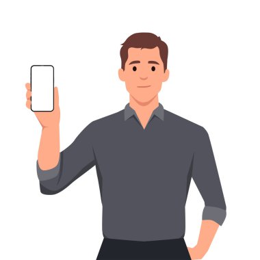 Yelek giymiş şık genç işadamı boş cep telefonu, cep telefonu ve işaret parmağı gösteriyor. Modayı takip eden kişinin elinde akıllı telefon ekranı var. Dijital teknoloji, modern yaşam tarzı. Düz vektör çizimi beyaz arkaplanda izole edildi