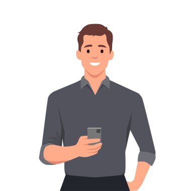 Mutlu adamın elinde akıllı telefon var. Kişi ve alet. Şebekede iletişim. Düz vektör çizimi beyaz arkaplanda izole edildi