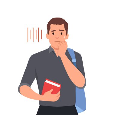 Çanta taşıyan ve tedirgin suratlı genç bir öğrenci çünkü derse geç kalıyor ya da ödevini yapmayı unutuyor. Düz vektör çizimi beyaz arkaplanda izole edildi