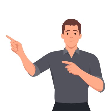 Pozitif duygular ve jest konsepti. Genç gülümseyen adam çizgi film karakteri kot gömlek giyiyor kameraya bakıyor ve iki eliyle ve parmaklarıyla işaret ediyor. Nokta, adam, kişi, mutlu, sunum, genç, şov, çocuk, reklam, el, yan,