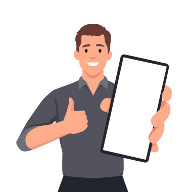 Akıllı telefon gösteren ve işaret veren mutlu genç bir adam. Cep telefonu teknolojisi konsepti. Düz vektör çizimi beyaz arkaplanda izole edildi