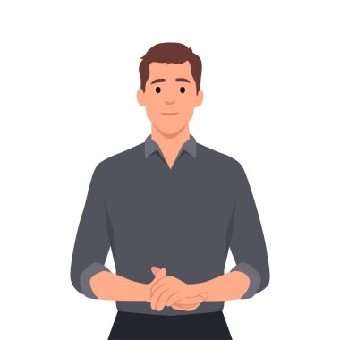 Genç adam ellerini karnının önünde tutarak ayakta duruyor. Gülümseyen adam. Düz vektör çizimi beyaz arkaplanda izole edildi