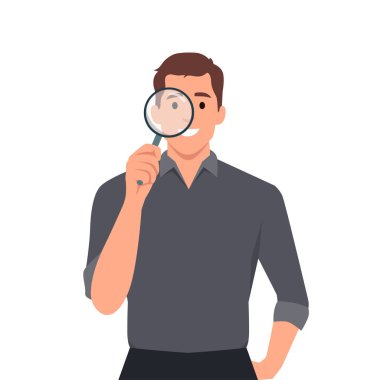 Büyüteçle bakan hippi bir gencin portresi. Sakallı modaya uygun kişi elinde büyüteç tutuyor. Erkek karakter tasarımı çizimi. Düz vektör çizimi beyaz arkaplanda izole edildi