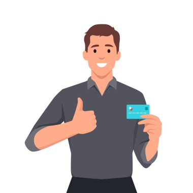 Kredi kartı, banka kartı, ATM kartı ve işaret gösteren genç bir işadamı. Dijital ödeme kartı tutan kişi. Erkek karakter tasarımı çizimi. Düz vektör çizimi beyaz arkaplanda izole edildi