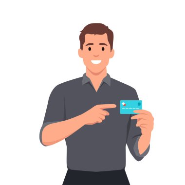 Kredi kartı gösteren / tutan adam POS terminal ödeme kartı makinesini yerleştirmiş ve eli işaret ediyor. Ödeme, satın alma, satış, alışveriş. Düz vektör çizimi beyaz arkaplanda izole edildi
