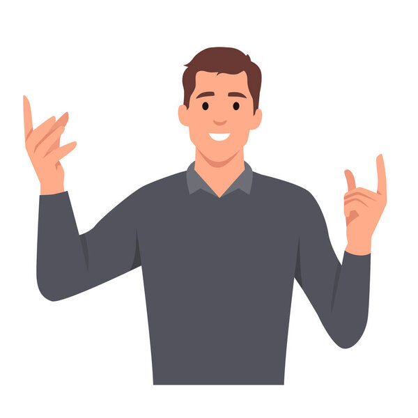 Happy young man presenting and explaining smth. Confident smiling businessman in eyeglasses gesturing with hands during presentation. Flat vector illustration isolated on white background