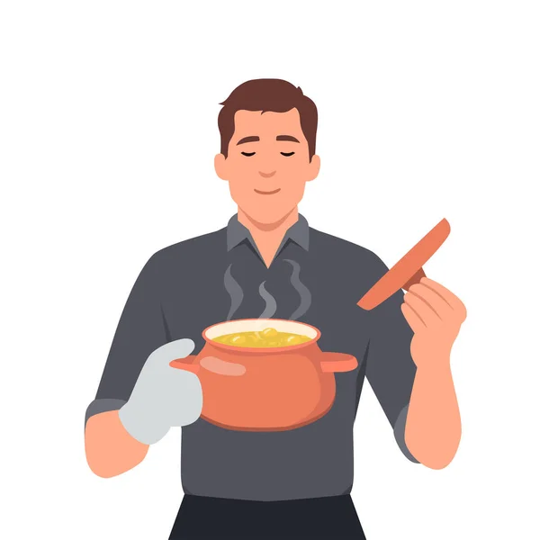 stock vector Man in kitchen gloves opening pot smelling food. Holding and smelling hot stove. Flat vector illustration isolated on white background