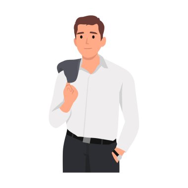 Kendine güveni tam, güneş gözlüğü takan, omuzunda ceketi olan bir adam. Havalı hippi adam karakteri moda kıyafetler ve kravat takıyor. Düz biçim izole edilmiş vektör karakter çizimi