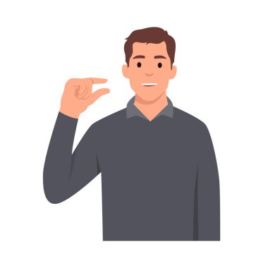 Biraz ve küçük bir miktar konsept. Gülümseyen genç adam çizgi film karakteri küçük bir jest yapıyor. Düz vektör çizimi beyaz arkaplanda izole edildi