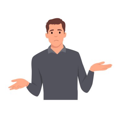 Tüh. Özür dilerim. - Bilmiyorum. - Neden? Genç iş adamı omuz silker, çaresiz bir jest yapar ve ellerini açar. Düz vektör çizimi beyaz arkaplanda izole edildi