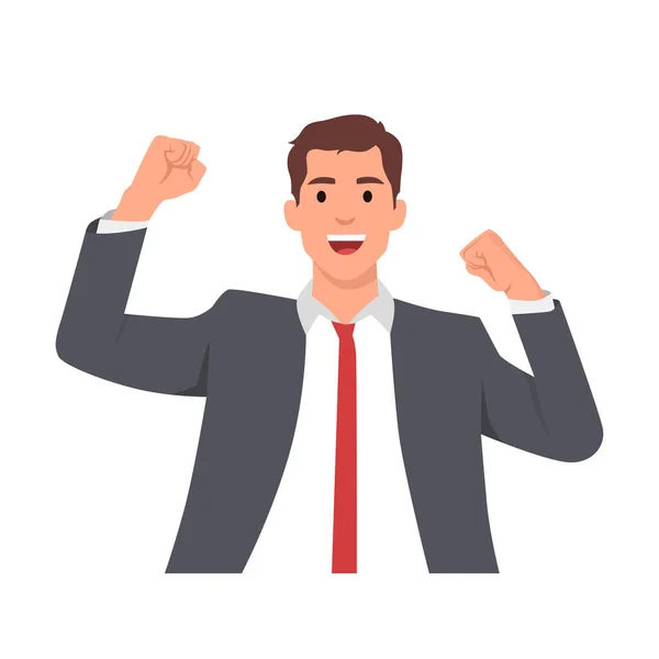 stock vector Young man winning at work. Businessman with strong emotions on his face wearing business suit. Fist up happy. Flat vector illustration isolated on white background