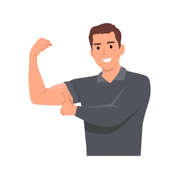 Młody Mężczyzna Pokazuje Napina Koncepcję Mięśni Bicepsa Płaska Ilustracja Wektor — Wektor stockowy