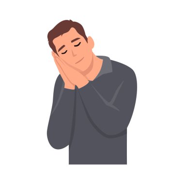 Genç adam iş, uyku, yorgunluk, uykusuzluk konsepti. Yorgun genç işadamı ya da çocuk yorgundur, hayal kurarken işyerinde uyur. Düz vektör çizimi izole edildi