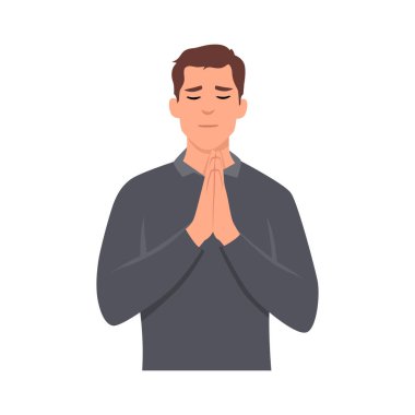 El ele tutuşup dua eden genç bir adam. Düz vektör çizimi beyaz arkaplanda izole edildi