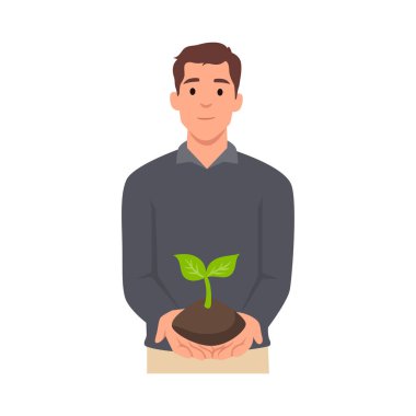 Elinde bir avuç toprak olan yeşil bir filiz tutan genç adam. Çevre dostu, yeşil. Düz vektör çizimi beyaz arkaplanda izole edildi