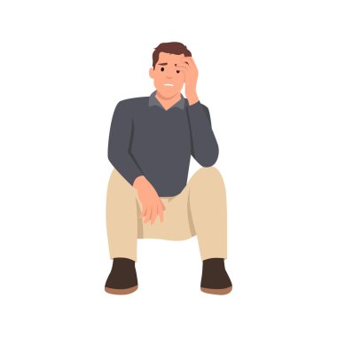 İş kıyafetleri içindeki genç adam yorgun, işsiz, endişeli, ekonomik sorunları var. Düz vektör çizimi beyaz arkaplanda izole edildi