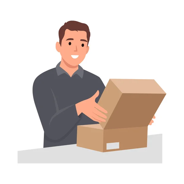 Karton Kutuları Açan Genç Adam Genç Gülümseyen Adam Posta Servisinden — Stok Vektör