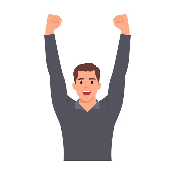 stock vector Young man with raised hands up celebrating success. Flat vector illustration isolated on white background