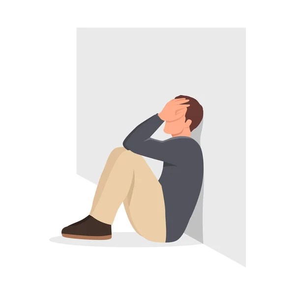 Young Man Depressed Sit Floor Flat Vector Illustration Isolated White — Stock Vector