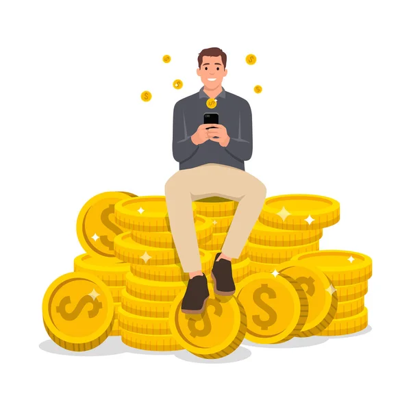 stock vector Young success man sitting on pile of dollar coins. Big money and coins. Finance success, money wealth. Flat vector illustration isolated on white background