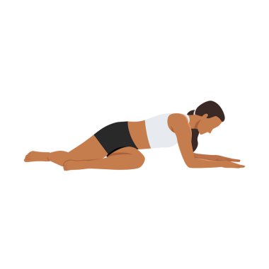 Çarpık geyik yoga pozu veren bir kadın. Düz vektör çizimi beyaz arkaplanda izole edildi