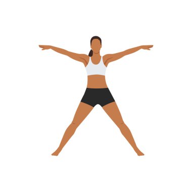 Beş Noktalı Yıldız Pozu, Yıldız Pozu, Utthita Hasta Padasana 'yı oynayan kadın. Utthita Tadasana. Düz vektör çizimi beyaz arkaplanda izole edildi