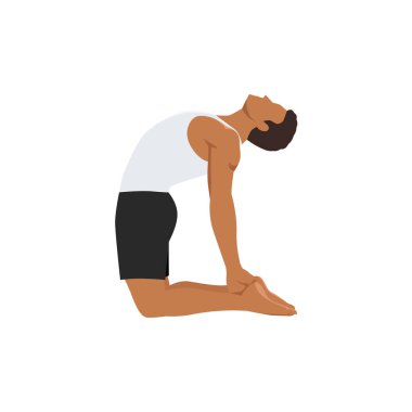 Adam deve pozisyonu ya da ustrasana egzersizi yapıyor. Düz vektör çizimi beyaz arkaplanda izole edildi