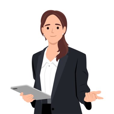 Genç bayan şirket çalışanının gülümsemesi ve elinde dijital tabletle duruşu. Düz vektör çizimi beyaz arkaplanda izole edildi